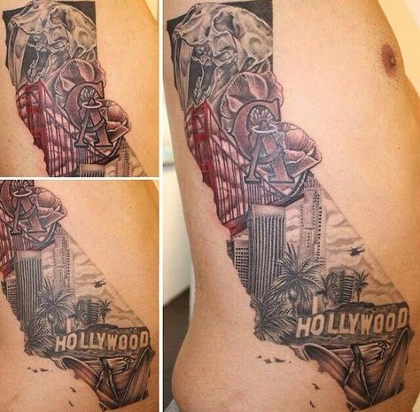 Cali Love: Golden Gate Bridge and Hollywood. California Bear Tattoos, California Tattoos, Cali Tattoo, Queen Of Hearts Tattoo, Husband Tattoo, Roots Tattoo, Brian Dawkins, Inner Bicep Tattoo, Hearts Tattoo