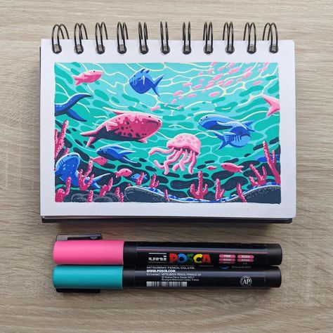 Ocean Posca Art, Ocean Design Illustrations, James Chapman Posca, Posca Art Doodle Easy, Art Posca Ideas, Posca Art Simple, Art Markers Drawing Ideas, Markers Art Ideas, Paint Pen Art Ideas