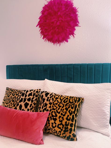 Teal And Leopard Bedroom, Teal And Hot Pink Bedroom, Teal Headboard Bedroom, Pink Glam Bedroom, Magenta Bedrooms, Leopard Bedroom Decor, Pink And Teal Bedroom, Teal Headboard, Leopard Print Bedroom