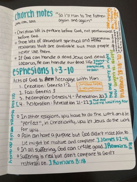 Cute Sermon Notes, Sunday Sermon Notes, Sermon Notes Journals, Church Notes Journal Ideas, Bible Notes Ideas Notebooks, Bible Highlighters, Bible Goals, Church Notes, Journal Bible Quotes