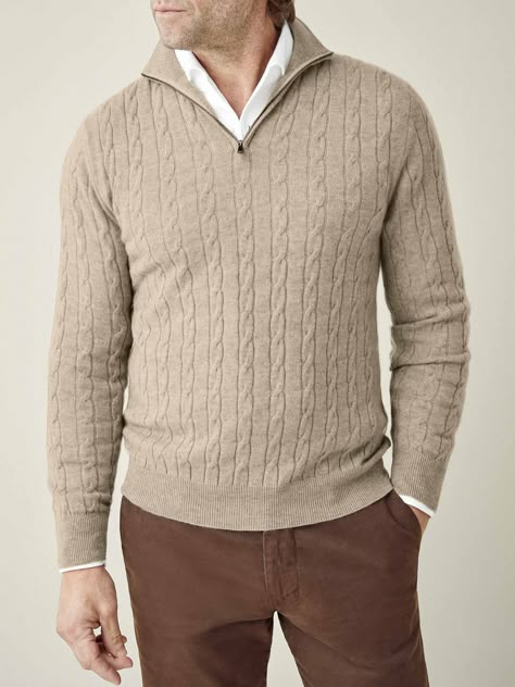 LUCA FALONI | CAMEL BEIGE PURE CASHMERE CABLE KNIT ZIP-UP | MADE IN ITALY Mens Cable Knit Sweater, Casual Pullover Sweater, Half Zip Sweater, Cable Pattern, Twist Pattern, Knit Texture, Classic Sweater, 12 Gauge, Northern Italy