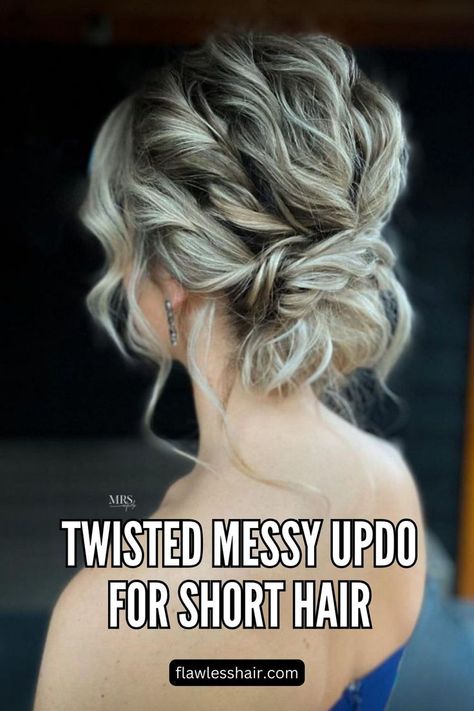 Twisted Messy Updo For Short Hair Short Updo Hairstyles For Wedding, Medium Length Wedding Hairstyles Updo, Updos For Shoulder Length Layered Hair, Short Hair Curl Updo, Semi Updo Hairstyles Short Hair, Mid Length Bridal Hair Updo, Casual Wedding Updos For Medium Hair, How To Do An Easy Updo, Wavy Bob Updo