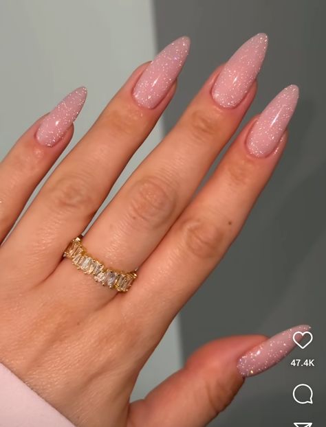 Gel Nails Inspo Almond, Nude Sparkle Almond Nails, Long Round French Tip Nails, Almond Nude Nails With Glitter, Baby Pink Sparkle Nails, Pink Winter Nail Designs, Long Almond Nail Ideas, Simple Nye Nails, Girly Almond Nails