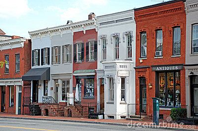 A small town main street with a veterinary hospital and an antique store. Description from dreamstime.com. I searched for this on bing.com/images Main Street Buildings, Small Town Hospital, Small Town Police Station, Small Town Buildings Main Street, Old Downtown Buildings, Town Building, Shotgun House, Fall Images, Building Facade