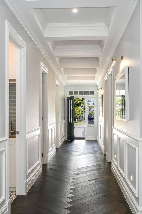 Hamptons Hallway, Hallway Wainscotting, Vj Board, Vj Panelling, Timber Wall Panels, Timber Handrail, Hamptons Homes, Hamptons Kitchen, Beadboard Wainscoting