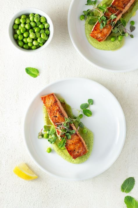 Seared Salmon and Pea Puree with Yogurt & Mint | Brinasbites.com #recipe #salmon #glutenfree #foodblog #peas #healthyrecipe #healthy #easyrecipe Food Plating Ideas, Food Presentation Plates, Food Plating Techniques, Gourmet Food Plating, Plating Food, Art Of Plating, Plating Techniques, Plating Ideas, Seared Salmon