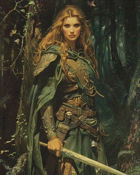 Dark fantasy elven scout im the forest. #dnd #dungeonsanddragons #fantasy #darkfantasy #retro #art #si #aiart #midjourney #frankfrazetta #female #elves Wood Elf Skyrim, Forest Warrior Fantasy Art, Elven Warrior Female, Elf Warrior Female, Wood Elf Dnd, Elven Druid, Female Character Art, Dragon Age Tarot Cards, Forest Elves