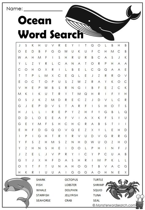 Ocean Word Search Word Search For 3rd Grade, Monster Word Search, Second Grade Word Search, Middle School Word Search, Free Word Search Puzzles Printables, Ocean Word Search, Ocean Worksheets, Ocean Words, Fun Word Search