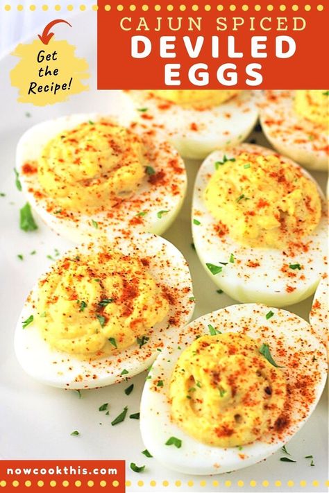 These Cajun Spiced Deviled Eggs are an easy and delicious way to change-up deviled eggs. The filling is flavored with Cajun seasoning, and the finished eggs are sprinkled with cayenne for a little spicy kick. Perfect for parties, potlucks, and picnics, they're always a hit! Get the recipe and try them! Cajun Deviled Eggs Recipe, Creole Wedding, Jalapeno Popper Deviled Eggs, Deviled Egg Pasta Salad Recipe, Bunko Food, Deviled Chicken, Deviled Egg Pasta Salad, Egg Pasta Salad, Shrimp Deviled Eggs