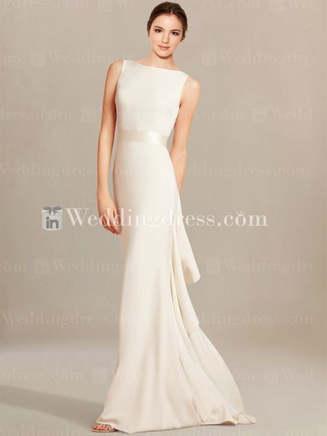 Unique wedding dress combines beauty and elegance to create a style that will leave you breathless and you guests in awe. Slim wedding dress features sleeveless bodice, bateau neckline and ruffled back. Back is finished with V-neckline and a sweep length train. Bateau Neckline Wedding Dress, Bateau Wedding Dress, Slim Wedding Dresses, Wedding Frocks, Plain Wedding Dress, Unique Wedding Dress, Minimalist Dress, Wedding Dresses Uk, Memorable Wedding