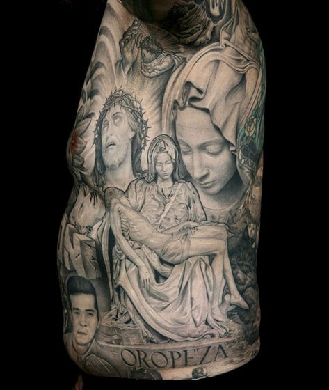 Pieta Tattoo, Pieta Michelangelo, Michelangelo Tattoo, Payasa Tattoo, Paul Booth, Tattoo Shading, Sick Tattoo, Religious Tattoo, Religious Tattoos