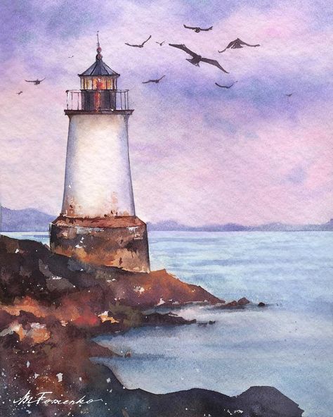 Watercolor Lighthouse Paintings Easy, Light House Paintings Easy, Watercolour Lighthouse, Easy Watercolor Landscape, Lighthouse Paintings, Landscape Painting Ideas, Watercolor Lighthouse, Sea Watercolor, Fishermans Cottage