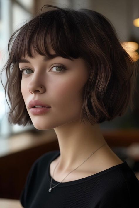 Elegant French Bob with Wispy Bangs, haircut for round face French Bob Oblong Face, Round Face French Bob, Cute Haircuts For Round Faces, Parisian Bob Round Face, Bob Haircuts Layered, Bob With Bangs Round Face, French Bob With Bangs Round Faces, French Bob With Bangs, Bob With Wispy Bangs