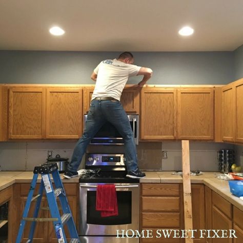 Build Faux Kitchen Cabinets to the Ceiling – HOME SWEET FIXER Faux Kitchen Cabinets, Kitchen Cabinet Extension To Ceiling, Cabinet Extension To Ceiling, Kitchen Cabinets To The Ceiling, Extend Kitchen, Above Kitchen Cabinets Ideas, Decorating Above Kitchen Cabinets Ideas, Cabinets To The Ceiling, Build Cabinets