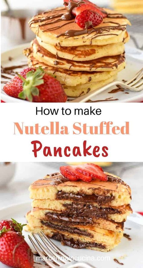 Banana Nutella Pancakes, Nutella Stuffed Pancakes, Pancakes Homemade, Nutella Breakfast, Stuffed Pancakes, Sugar Free Nutella, Scotch Pancakes, How To Make Nutella, Nutella Recipes Easy