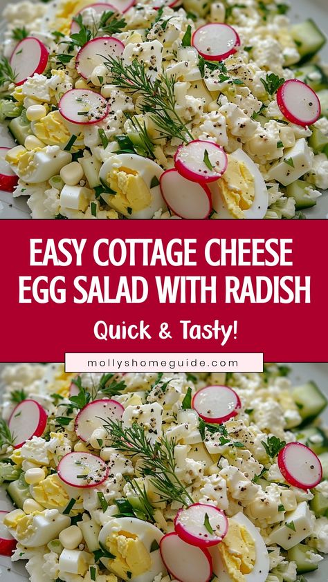 Indulge in a light and flavorful meal with this cottage cheese egg salad featuring crunchy radish slices. The creamy cottage cheese complements the savory eggs perfectly, while the radishes add a fresh and zesty crunch to each bite. This dish is not only easy to make but also packed with protein and nutrients, making it an ideal choice for a healthy lunch or picnic option.  Ingredients Radish Cucumbers Eggs Dill Green onion Cottage cheese Whole grain mustard Pepper Salt Cottage Cheese Egg Salad, Low Calorie Pancakes, Cottage Cheese Salad, Whole Grain Mustard, Cottage Cheese Eggs, Super Salads, Cottage Cheese Pancakes, Keto Journey, Cottage Cheese Recipes