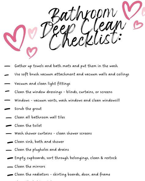 Home Cleaning & Organization Tips and Ideas | ***How To Deep Clean The Bathroom – grab our top to bottom cleaning checklist for really deep cleaning and organising the bathroom - checklist here ... | Facebook Clean Bathroom List, Step By Step Bathroom Cleaning, How To Deep Clean Your Bathroom, How To Deep Clean Bathroom, How To Clean Your Bathroom, How To Clean A Bathroom, Bedroom Deep Clean Checklist, How To Clean Bathroom, Clean Bathroom Checklist