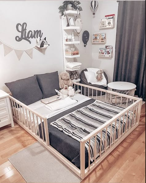 Toddler Boy Room With Floor Bed, Toddler Room Full Size Bed, Toddler Bed In Parents Room Ideas, Toddler Floor Bed Boy Room Ideas, Bedroom With Crib Parents, Montessori Bedroom Boy, Montessori Bedroom Toddler Boys, Toddler Rooms Boy, Boys Room Ideas Toddler