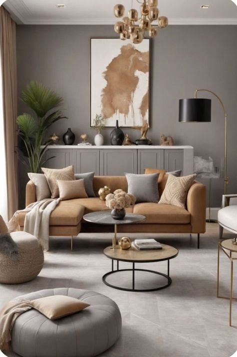 Grey And Camel Living Room, Beige And Grey Living Room, Grey And Brown Living Room, Brown Sofa Living Room, Color Palette Living Room, Cream Living Rooms, Luxury Sofas, Grey Interior Design, Interior Decorating Ideas