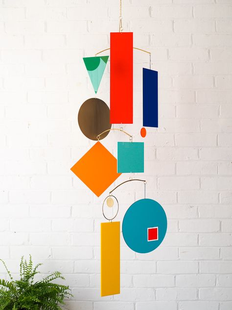 Stunning acrylic and brass geometric art hanging mobile, designed and made by Claire Knill of In The Making. Acrylic Furniture Decor, Quirky Diy, Geometric Mobile, Large Mobile, Acrylic Furniture, Primary Colours, Side Board, Mobile Art, Hanging Mobile