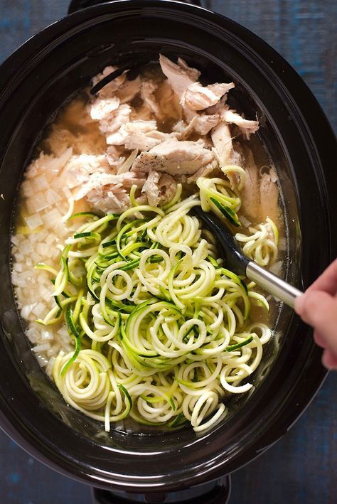 Slow Cooker Chicken Noodle, Slow Cooker Chicken Noodle Soup, Chicken Zoodle Soup, Sliced Carrots, Crockpot Chicken And Noodles, Low Carb Soup Recipes, Spiralized Zucchini, Easy Slow Cooker Chicken, Zucchini Soup