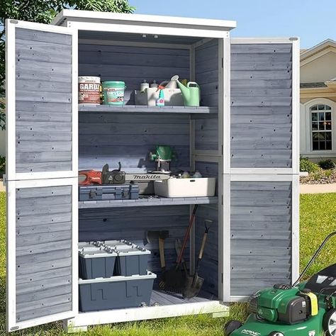 Amazon.com : Gizoon Outdoor Storage Cabinet with 3 Shelves, Double Lockable Wooden Garden Shed with Waterproof Roof, Outside Vertical Tall Tool Shed for Yard Patio Lawn Deck-Grey : Patio, Lawn & Garden Vertical Storage Cabinet, Garden Storage Cabinet, Outdoor Organization, Shutter Designs, Outdoor Cabinet, Deck Storage, Tool Shed, Garden Tool Shed, Removable Shelves