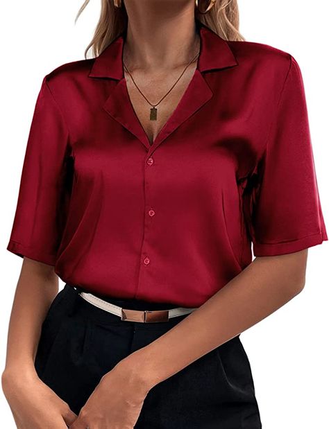 Silk Short Sleeve Button Up, Red Dress Shirt Women, Short Sleeve Silk Blouse, Red Silk Button Up Shirt Outfit, Red Satin Button Up, Red Silk Shirt, Red Button Up Shirt Outfit, Red Blouse, Satin Shirts For Women