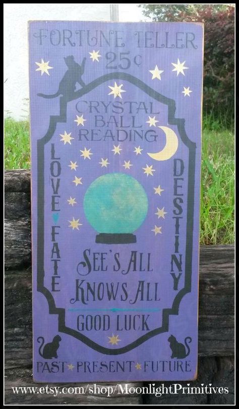 Psychic Party, Halloween Crystal Ball, Black Cats Halloween, Haunted Circus, Retro Circus, Halloween Office, Fortune Tellers, Cats Halloween, Distressed Signs