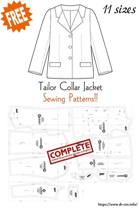 This is the pattern of Tailor Collar Jacket. cm size(A4 size) Children's-100,120,140/Ladies'-S,M,L,LL/Men's-S,M,L,LL Added the number of fabric meters required for each size ❤️The production process is now uploaded to the site. Suit Jacket Pattern, Suit Sewing Patterns, Free Sewing Patterns, Jacket Pattern Sewing, Cosplay Tips, Collar Jacket, Collar Pattern, Paper Pattern, Jacket Pattern