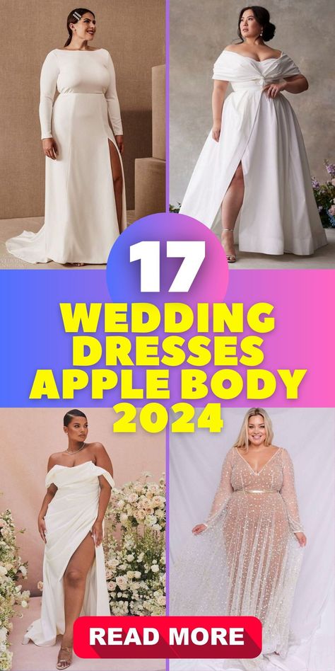 Modern Simple Wedding Dresses Apple Body 2024: This 2024 collection of modern simple wedding dresses is designed for apple body shapes. It includes styles for plus size brides and options suitable for a petite frame. The range showcases a variety of shapes and types, from elegant lace to boho chic, ensuring every shaped woman finds her perfect dress. Wedding Dress For Large Stomach, Dresses For Apple Shaped Women Classy, Winter Wedding Plus Size Dress, Plus Size Apple Shape Wedding Dress, Apple Shaped Wedding Dress Plus Size, Apple Wedding Dress, Wedding Dress For Big Belly, Wedding Dresses Plus Size Simple, Body Type Wedding Dress Guide