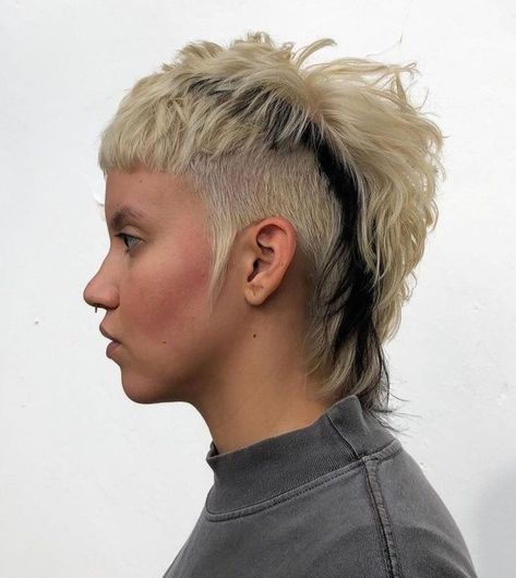 Choppy Mullet Pixie with Side Undercut Femme Mullet, Mixie Pixie Mullet, Choppy Mullet, Faux Hawk Pixie, Mullet Pixie, Short Faux Hawk, Side Undercut, Mullet Hairstyles, Short Punk Hair