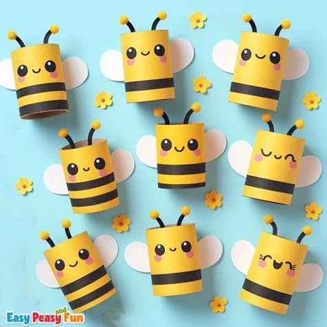 Cute toilet paper roll bee craft idea for kids to make. Your kids are going to love this cute bug craft that's perfect for spring. Make A Bug Craft, Bumble Bee Toilet Paper Roll Craft, Bee Toilet Paper Roll Craft, Halloween Cute Crafts, Make A Bee Craft, Bear Diy Crafts, Bee Arts And Crafts For Kids, Bee Ideas For Kids, Loo Roll Crafts Kids