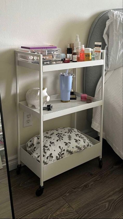 3 Tier Cart Organization Bedroom, Ikea Rolling Cart Ideas, Rolling Cart Nightstand, Rolling Cart Ideas Bedroom, 3 Tier Rolling Cart Ideas, Raskog Cart Ideas, Cart Bedside Table, Bedroom Cart, Rolling Cart Ideas