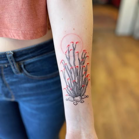 Kaya (Kai-uh) (@highwatertattoos) • Instagram photos and videos Southwest Sleeve Tattoo, Mojave Desert Tattoo, Desert Tattoos For Women, Desert Theme Tattoo, Santa Fe Tattoo, Ocotillo Tattoo, Yucca Tattoo, Desert Tattoos, Tucson Tattoo