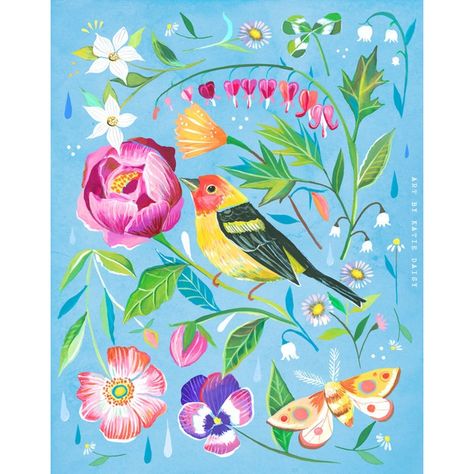 Katie Daisy, Watercolor Quote, Daisy Art, Acrylic Artwork, Birds And Flowers, Bird Painting, Art Et Illustration, Floral Artwork, Birds Painting