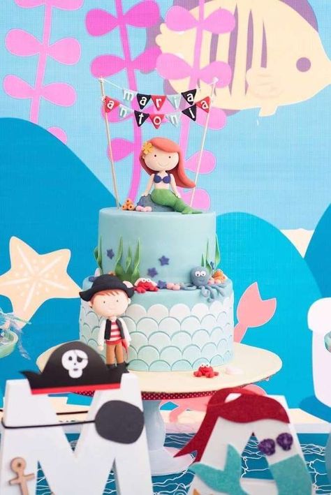 Mermaid Pirate Birthday Cake, Mermaid And Pirate Birthday Cake, Pirate And Mermaid Birthday Party Cake, Mermaid And Pirates Birthday Party, Unisex Party Themes, Mermaid And Pirate Cake, Pirate And Mermaid Cake, Mermaid Pirate Cake, Mermaids And Pirates Party