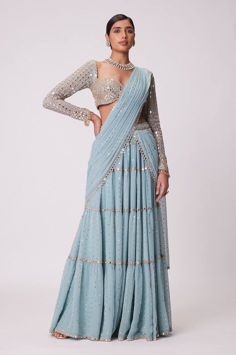 Blue Georgette Embroidery Mirror Work Traditional Lehenga Saree for Women Tiered Lehenga, Full Sleeves Blouse, Wedding Guest Inspiration, Vani Vats, Traditional Lehenga, Embroidery Mirror, Full Sleeve Blouse, Desi Vibes, Mirror Embroidery