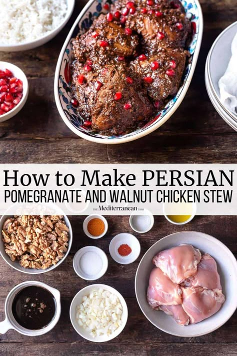 Fesenjan is a traditional Persian stew made with chicken, pomegranate molasses and walnuts. Considered a special occasion dish in Iran, fesenjan takes time, but is worth every minute. Pomegranate Chicken Recipes, Fesenjan Recipe, Persian Pomegranate, Persian Stew, Persian Food Iranian Cuisine, Pomegranate Chicken, Molasses Recipes, Walnut Chicken, Walnut Sauce