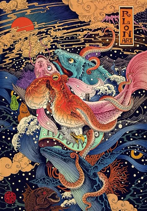 Dynamic Scenes of Nature and East Asian Mythology - Imgur Amun Ra, Japanese Artwork, Soyut Sanat Tabloları, Japon Illustration, Arte Inspo, Art Pop, Trippy Art, Art And Illustration, 판타지 아트