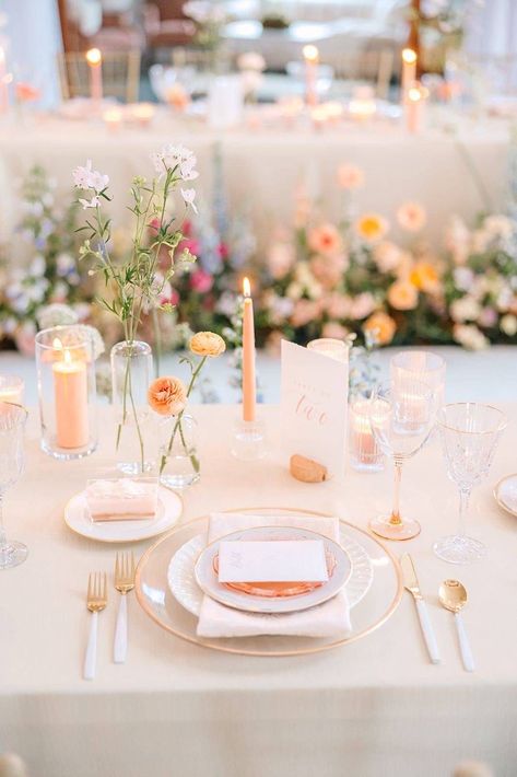 The 2024 Pantone Color of the Year: Peach Fuzz & Your Wedding Peach Table Centerpieces, Peach Bud Vases, Peach Table Setting, Peach Tablescape, Peaches Wedding, 2024 Pantone Color, Peach And Gold Wedding, Head Table Ideas, Peach Wedding Centerpieces