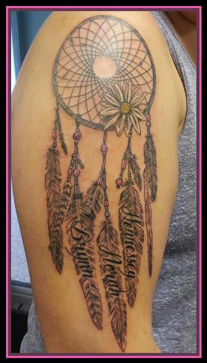 Feather And Name Tattoo, Feather And Name Tattoo Design, Feather Name Tattoo, Family Dream Catcher Tattoo, Dreamcatcher Tattoo With Names, Native Dream Catcher Tattoo, Dream Catcher Family Tattoo, Dream Catcher Tattoo With Names Feathers, Dream Catcher With Names Tattoo