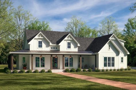 One Story House Wrap Around Porch, 1.5 Story Farmhouse Plans, Big Porch House Plans, House Plans With Garage In Back, House Plans With Wrap Around Porch, Wrap Around Porch House Plans, Farmhouse With Wrap Around Porch, House Wrap Around Porch, Farmhouse Exteriors