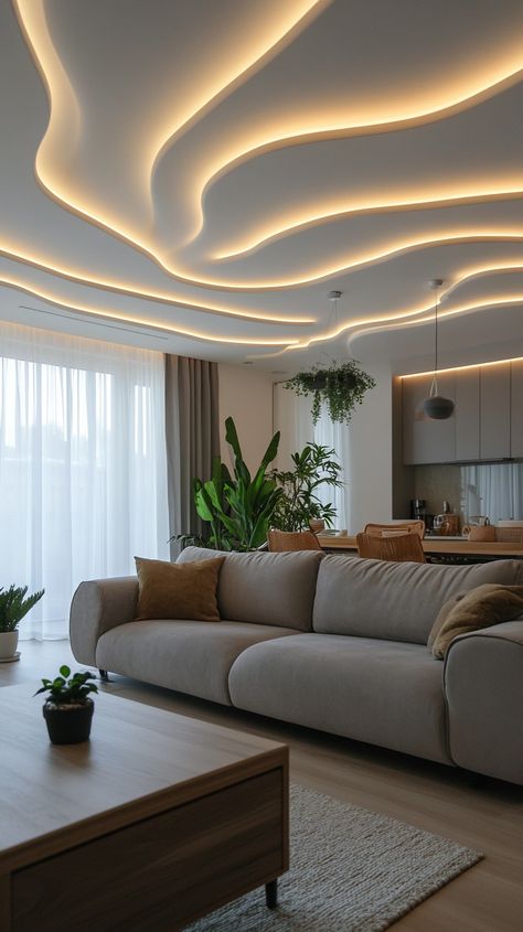 Create a high-quality photo of a modern stretch ceiling design featuring a wave pattern with integrated LED lighting. Style: chic and minimalistic, glossy white finish in a stylish living room setting. White Wooden Ceiling, Stretch Ceiling Design, Wave Ceiling, Arch Plan, Gypsum Ceiling Design, Stretch Ceiling, Gypsum Ceiling, Wooden Ceilings, Restaurant Ideas