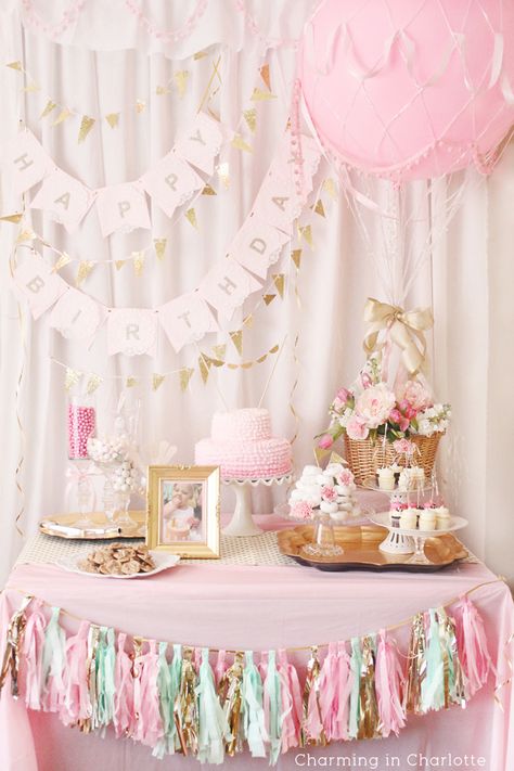 Charming in Charlotte: Landry's Hot Air Balloon First Birthday Brunch First Birthday Brunch, Pink And Gold Birthday, Pink And Gold Birthday Party, Balloons Cake, Hot Air Balloon Party, Arrangement Flower, Marshmallow Frosting, Party Projects, Gold Birthday Party