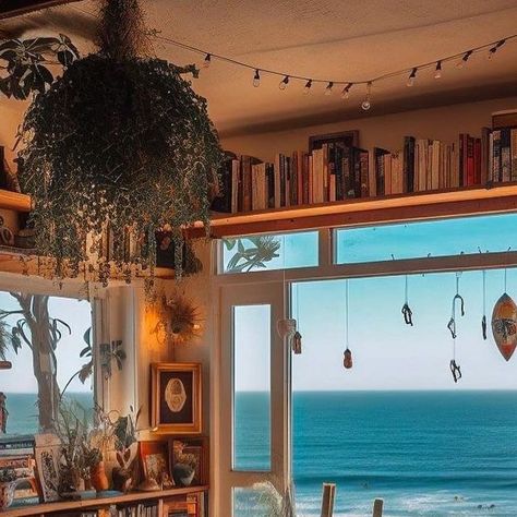 Hippy Beach House, Beach Bungalow Aesthetic, Beachy Boho House, Bohemian Beach House Living Room, Beach House Library, Witchy Beach House, Boho Beach House Aesthetic, Old Beach House Aesthetic Interior, Hippy Beach Aesthetic