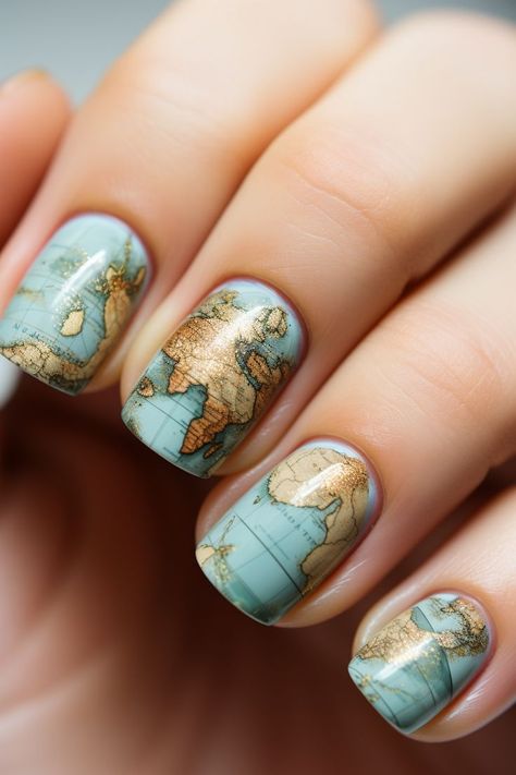 School Themed Nails, Map Nail Art, Teacher Nail Designs, Travel Nail Art, Globe Nails, Map Nails, Unique Acrylic Nail Designs, Teacher Nails, Book Nails