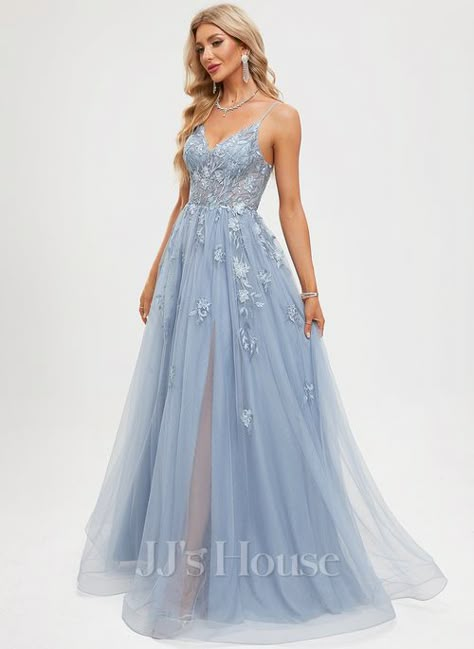 Light Blue Prom Dress V Neck, Prom Dress With Back Covered, Prom Dresses2024, Flowy Prom Dresses Long, Junior Prom Dresses Long, Prom Dresses Long Floral, A Line Tulle Dress, Prom Dress Flowy, Premier Dresses