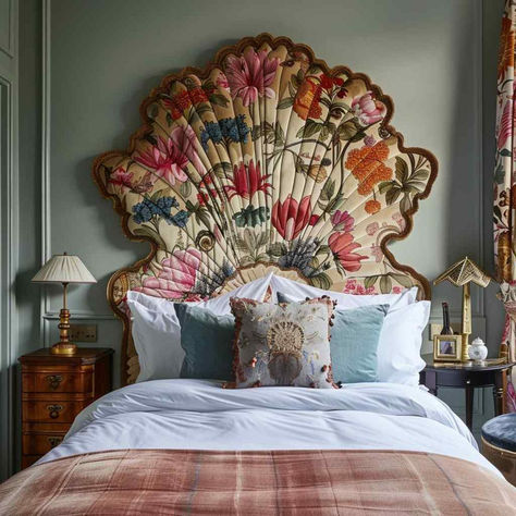 28 Eclectic Luxe: Bedroom Designs Marrying Boho and Rococo Bohemian Bed Design, Material Headboard Ideas, Hollywood Regency Style Bedroom, Eclectic French Bedroom, Bed Headboards Ideas, Artdeco Interiors Bedroom, Eclectic Style Interior Design, Vintage Headboard Ideas, Eclectic Headboard