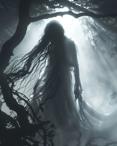 Be careful in the woods at night, there's a banshee on the prowl. 👻⁠ ⁠ ⁠ ⁠a ghostly woman in white, standing amidst foggy woods at night. She has long hair and is wearing an old dress with tattered layers that billow around her a she floats above the ground. Her face seems to be made of mist or shadows and her mouth is too large as she screams. The background features gnarled trees and dark foliage, adding depth. A faint light from behind illuminated part of her body. --ar 4:5 --s 550 --v 6.0... Tortured Soul Aesthetic, Long Hair From Behind, Into The Woods Aesthetic, Banshee Aesthetic, Banshee Art, Ghostly Woman, Woman Ghost, In The Woods At Night, Ghost Woman