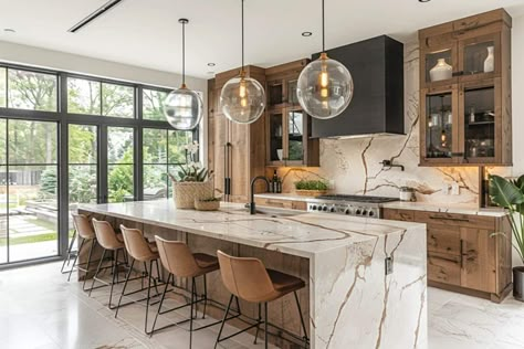 Contemporary kitchen style with large quartz island Beautiful Kitchens With Islands, Main Sink In Kitchen Island, Giant Island Kitchen, Spanish Modern Kitchen Design, Gold Quartzite Countertops, Basement Kitchen With Island, Classic Island Kitchen, Waterfall Island Kitchen Quartz, Oversized Island Kitchen